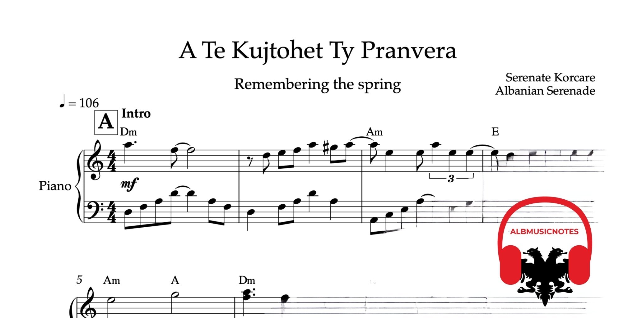 A te kujtohet ty Pranvera, Piano sheet + Chords - Alb Music Notes