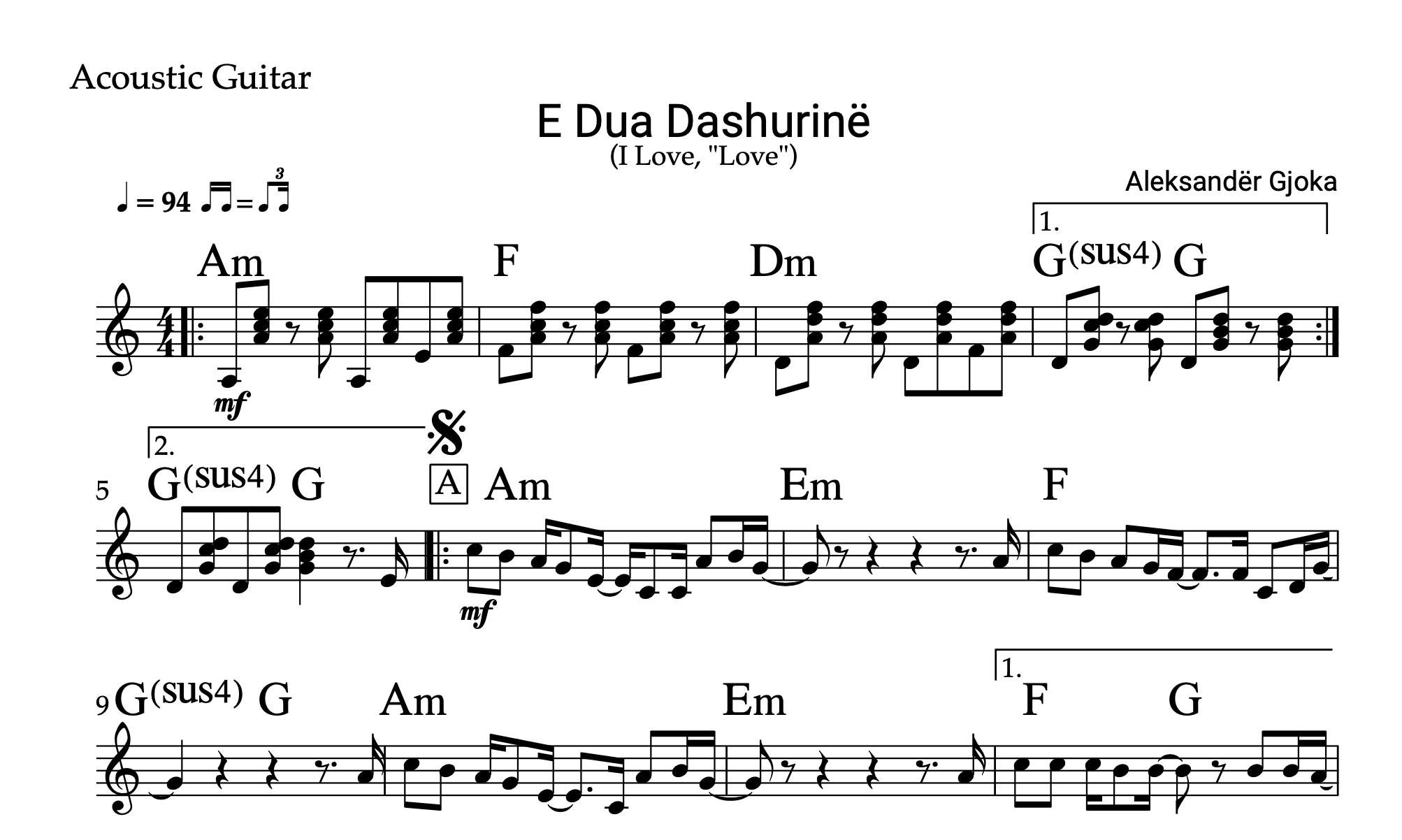 E dua dashurinë, Guitar sheet + Chords - Alb Music Notes