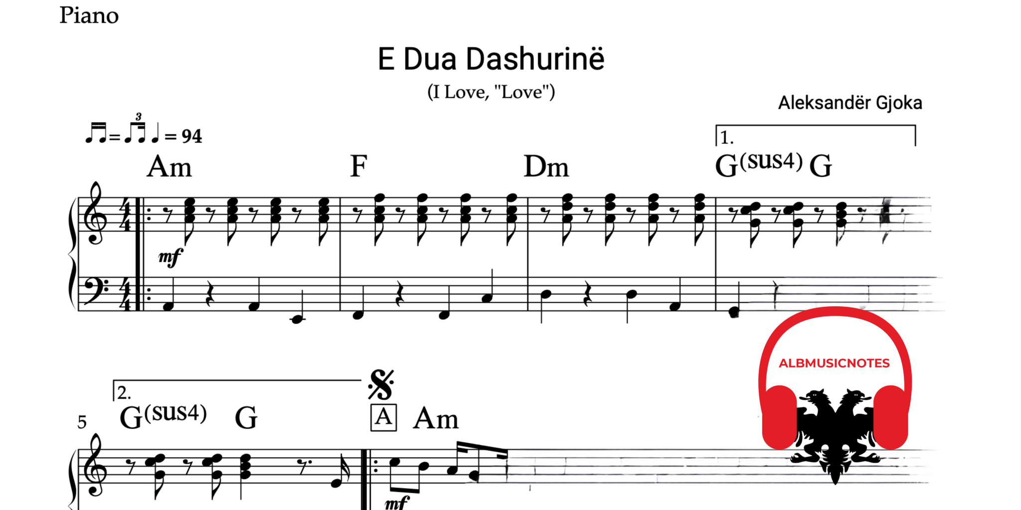 E dua Dashurinë, Piano sheet + chords - Alb Music Notes