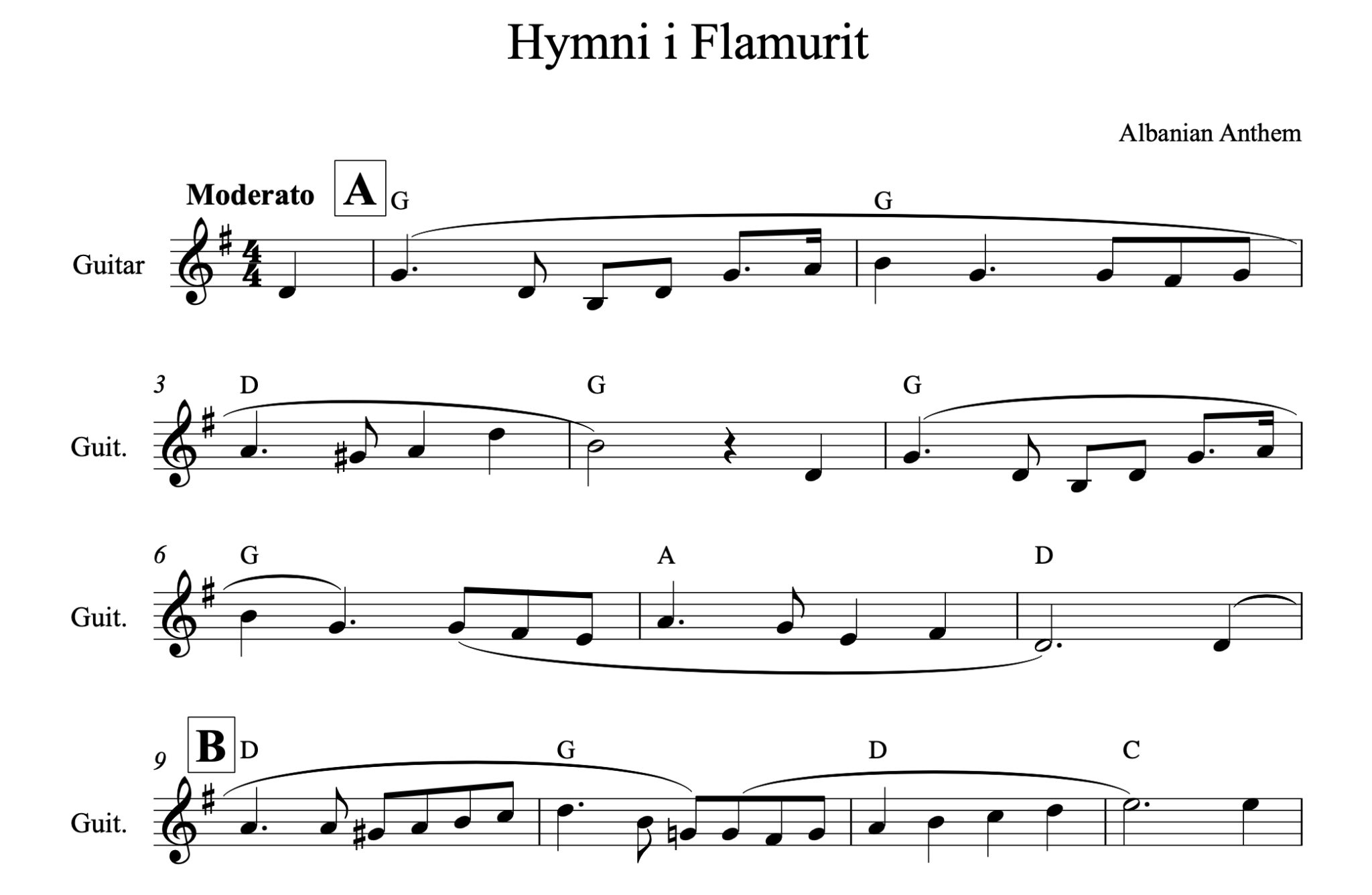 Hymni i Flamurit, Guitar sheet + chords - Alb Music Notes