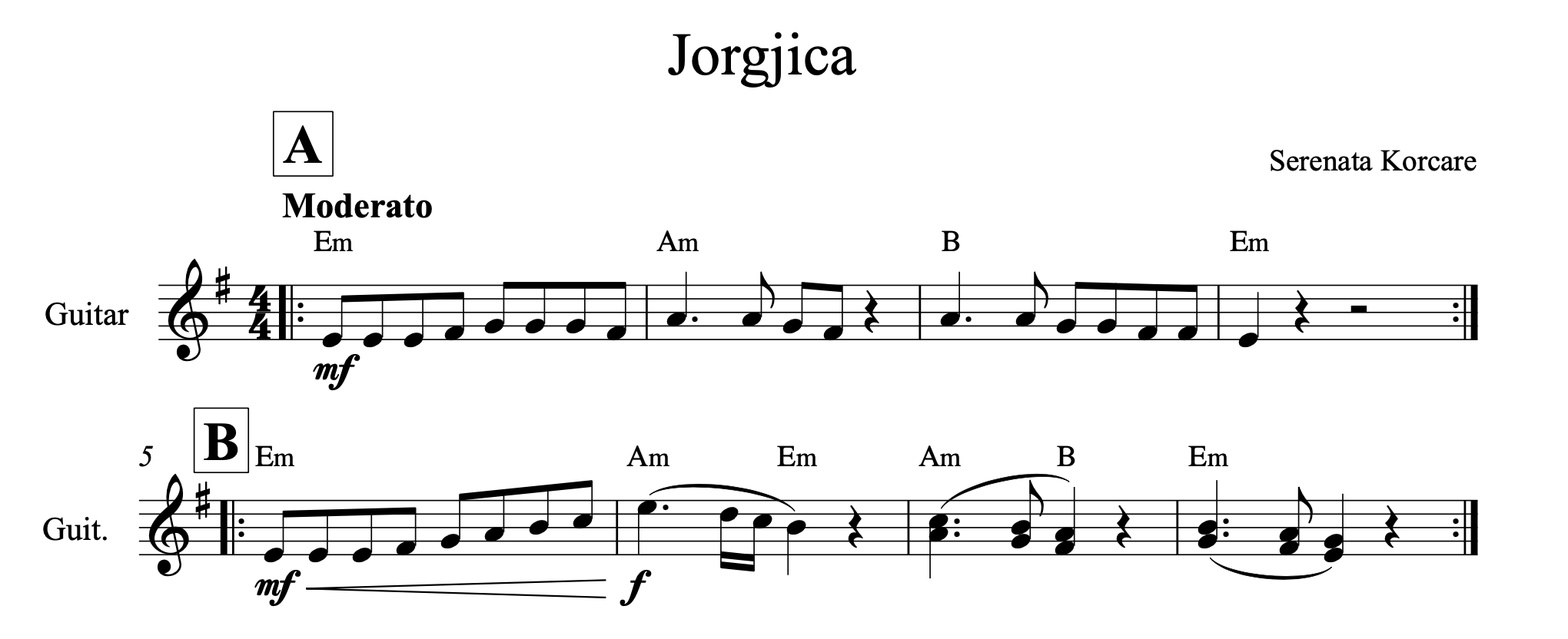 Jorgjica, Guitar sheet + chords - Alb Music Notes