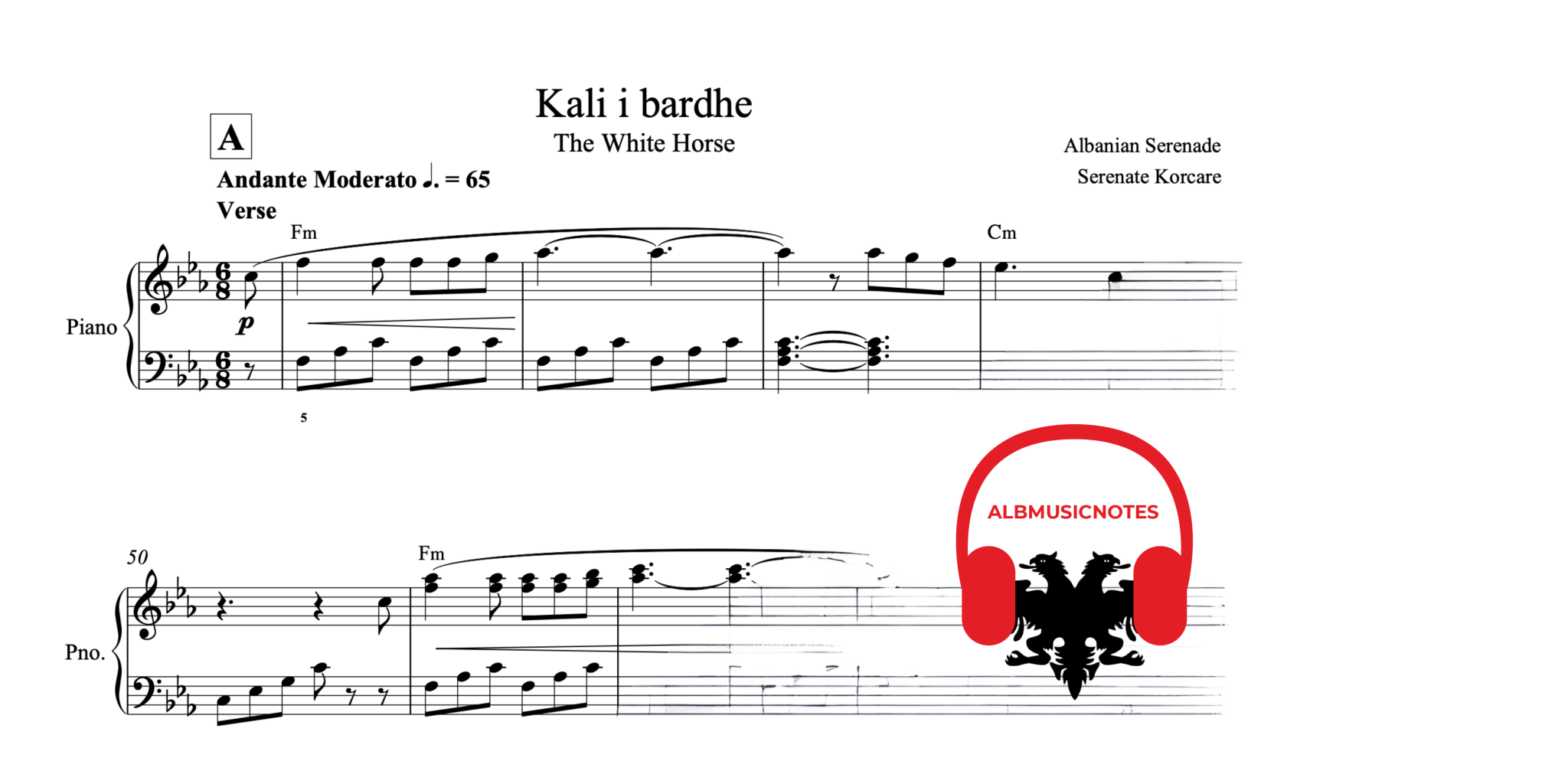 Kali i Bardhe, Piano sheet + chords - Alb Music Notes