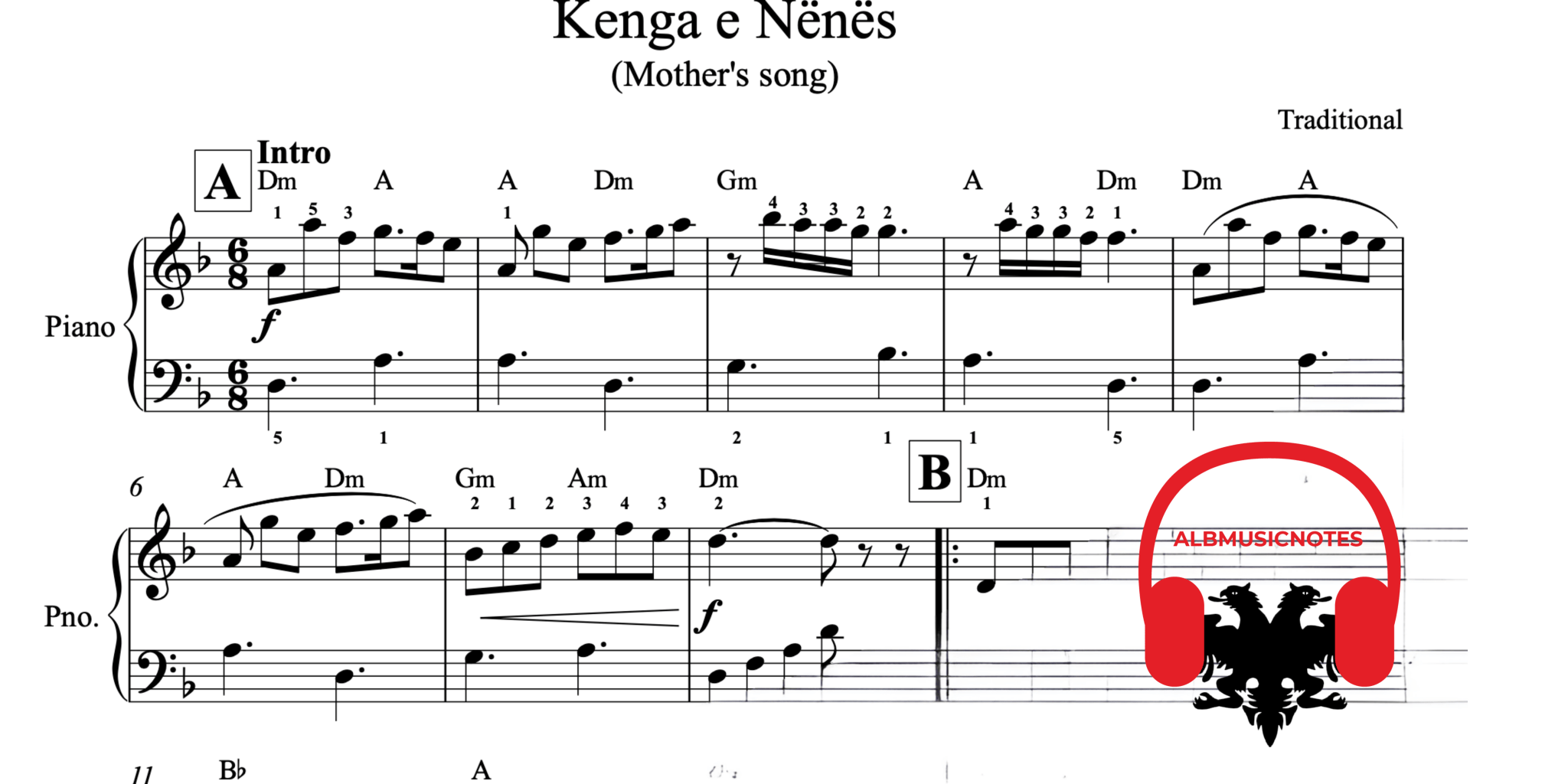 Kenga e Nënës, Piano sheet + chords - Alb Music Notes