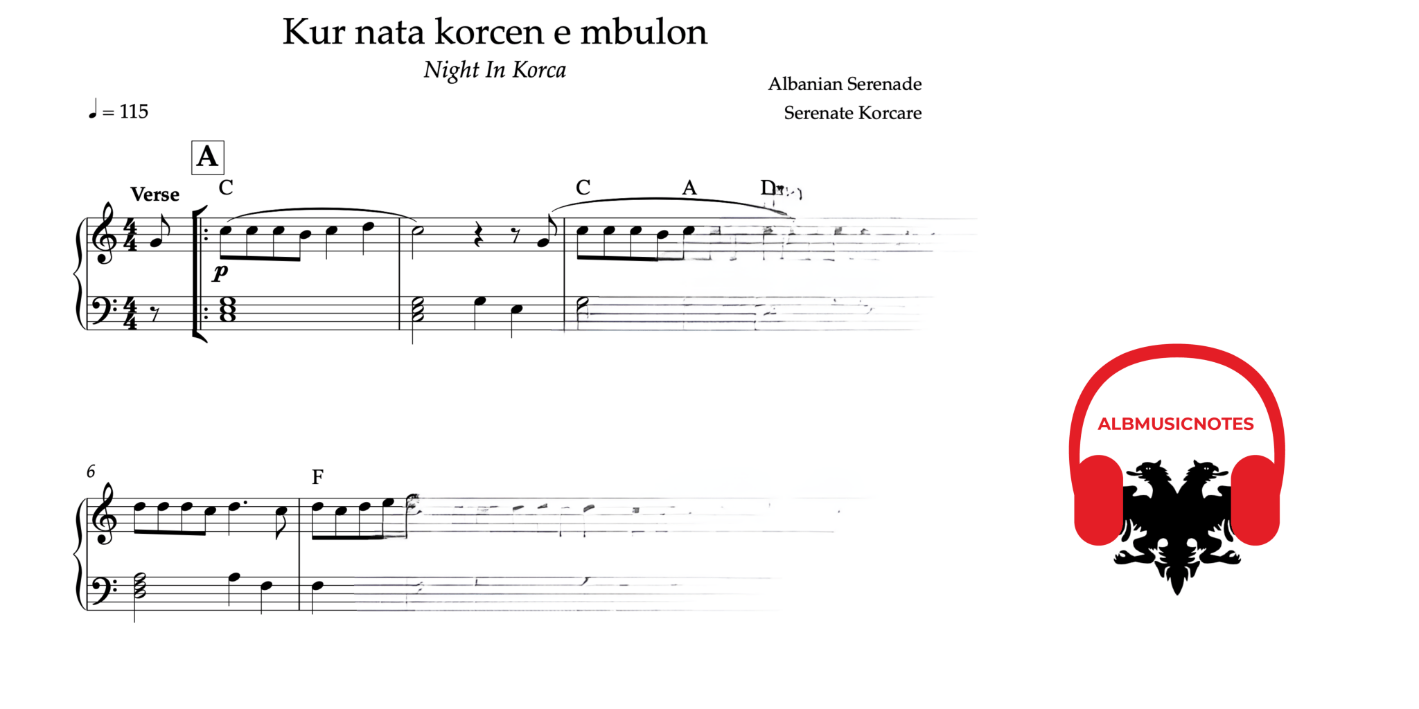 Kur nata Korcen e mbulon, Piano sheet + Chords - Alb Music Notes