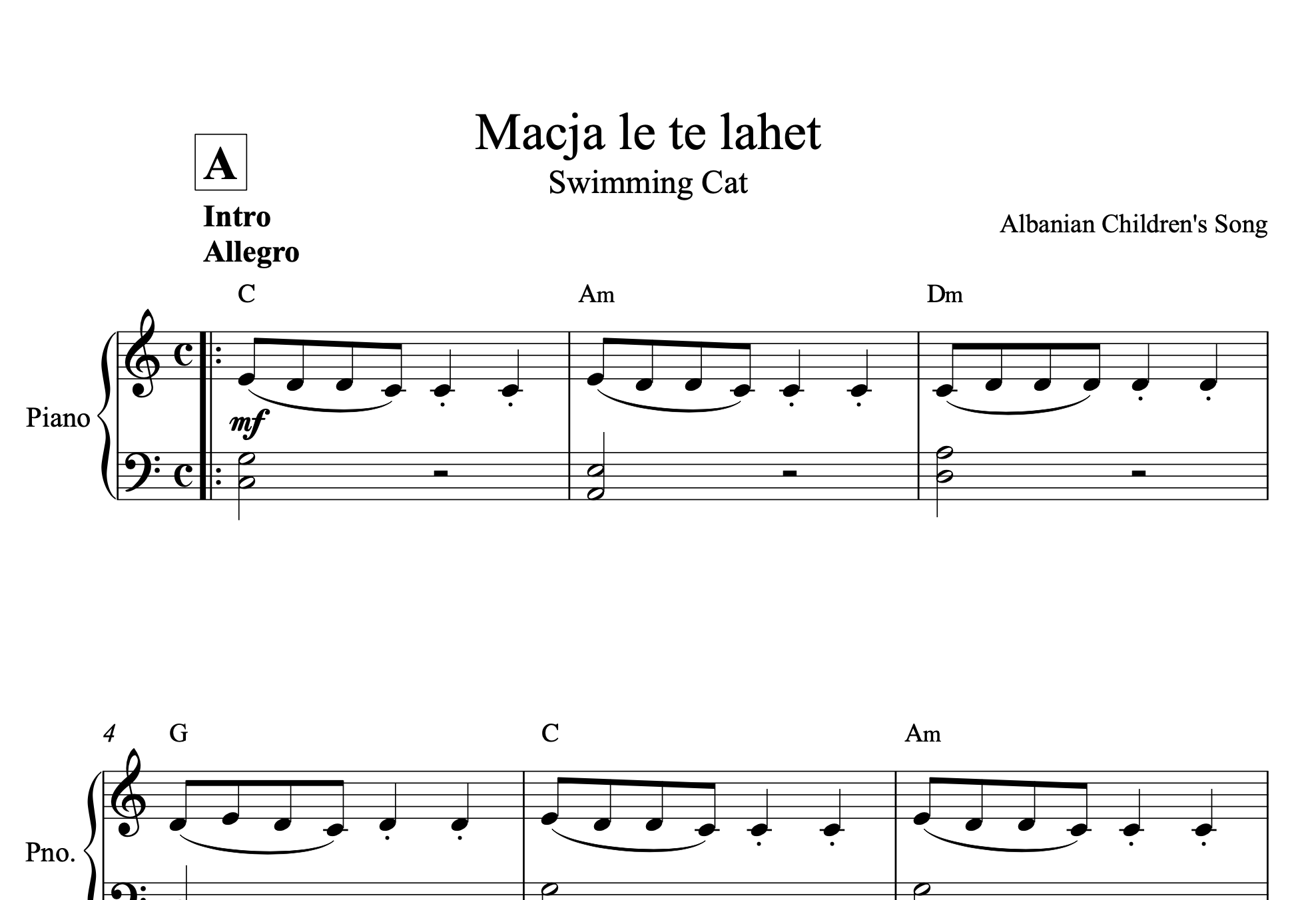 Macja le të lahet, Piano sheet + chords - Alb Music Notes