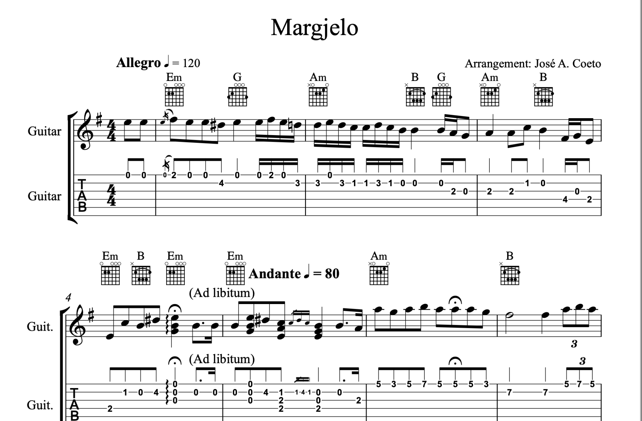 Margjelo, Guitar sheet + chords - Alb Music Notes