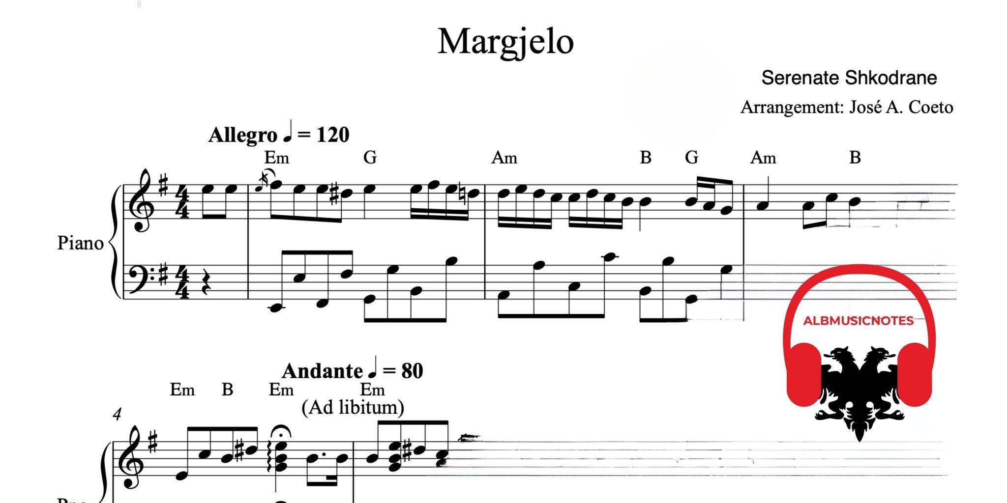 Margjelo, Piano sheet + chords - Alb Music Notes