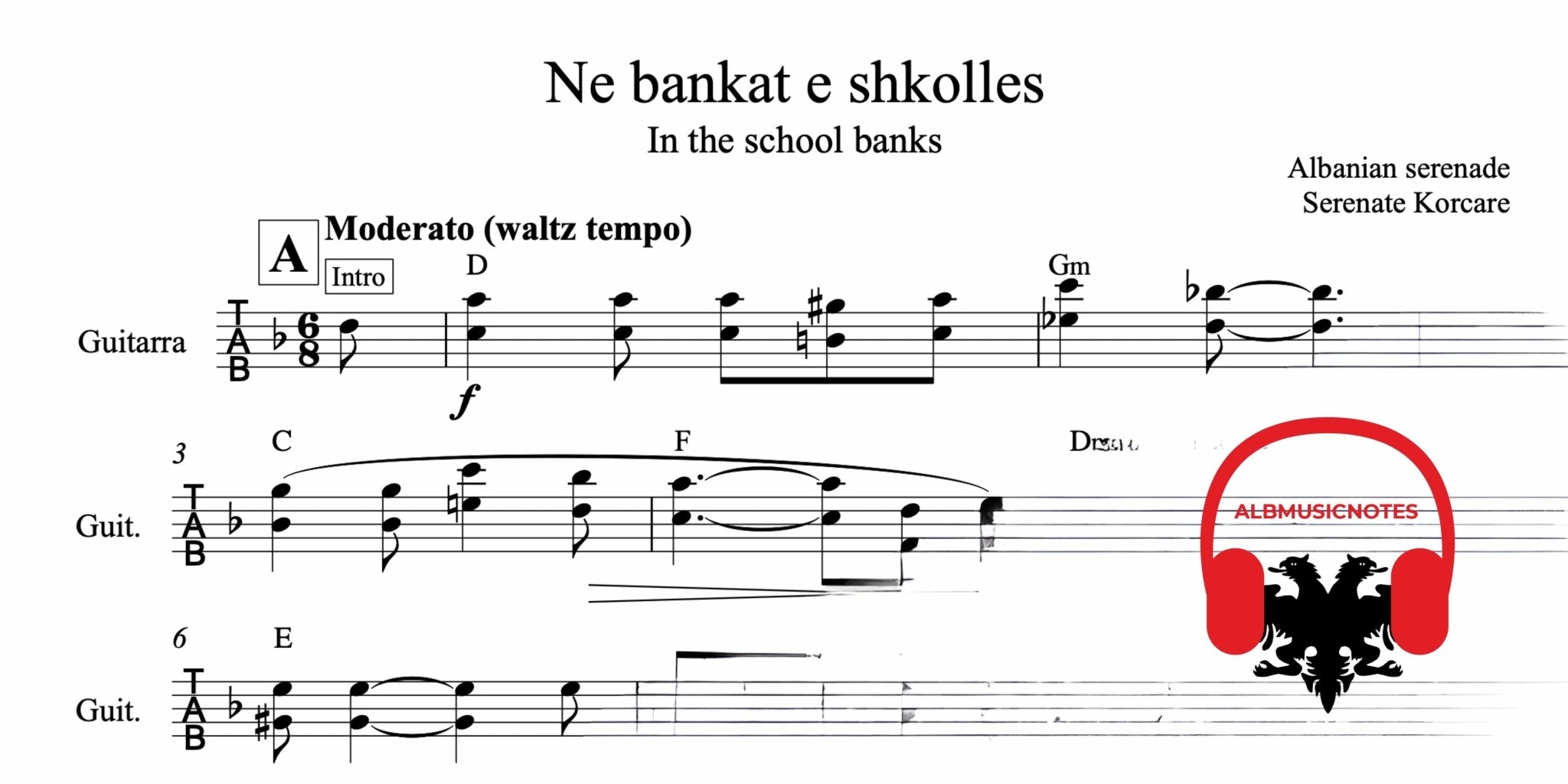 Ne bankat e shkolles, Guitar sheet + Chords - Alb Music Notes