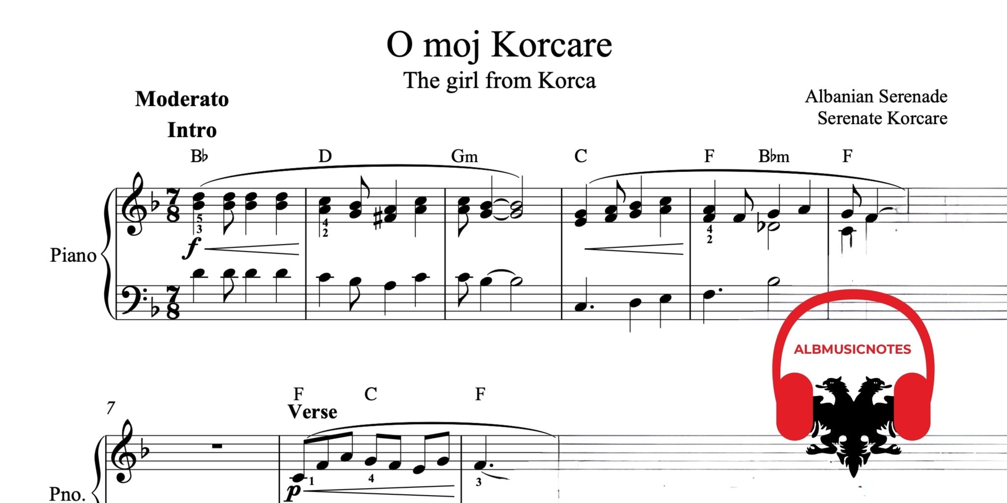 O moj Korcare, Piano sheet + Chords - Alb Music Notes