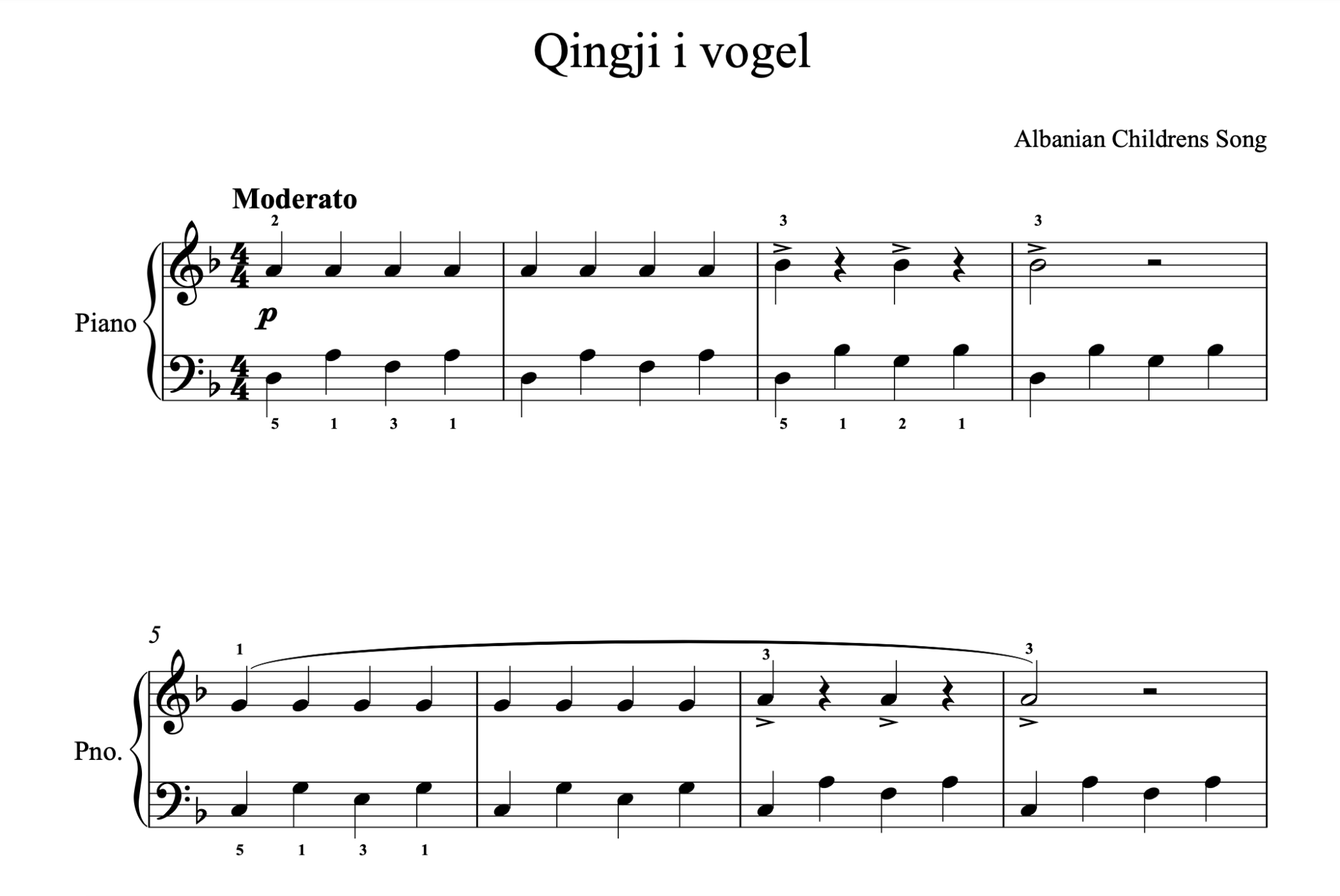 Qingji i vogel, Piano sheet - Alb Music Notes