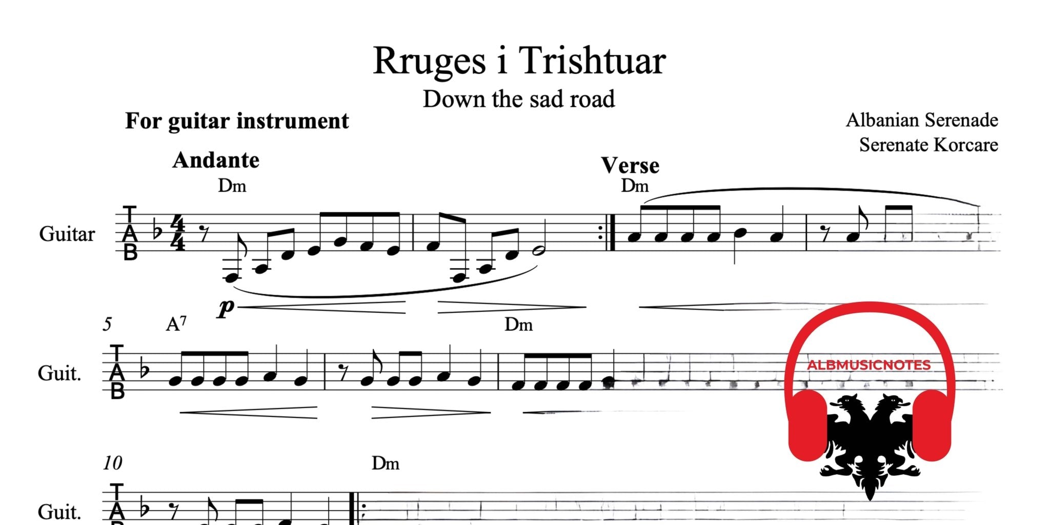 Rruges i trishtuar, Guitar sheet + chords - Alb Music Notes