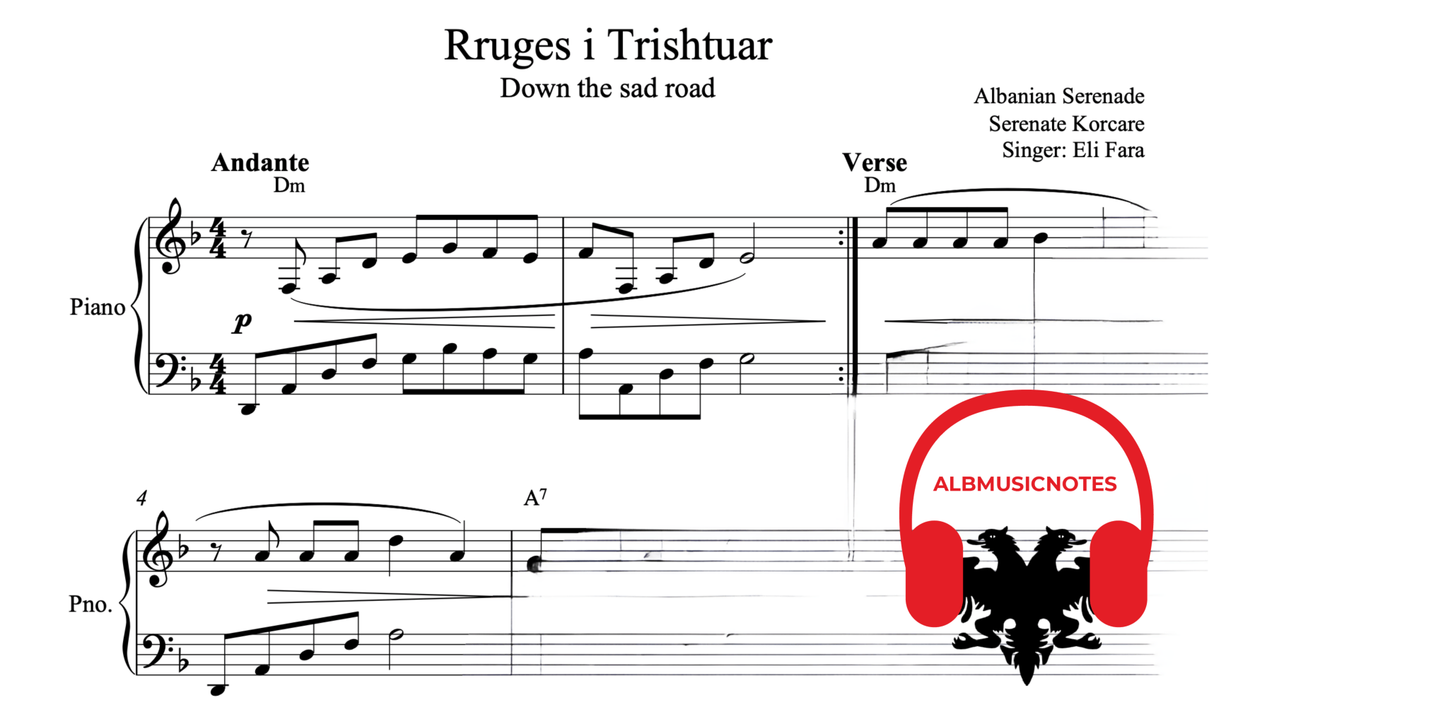 Rruges i trishtuar, Piano sheet + Chords - Alb Music Notes