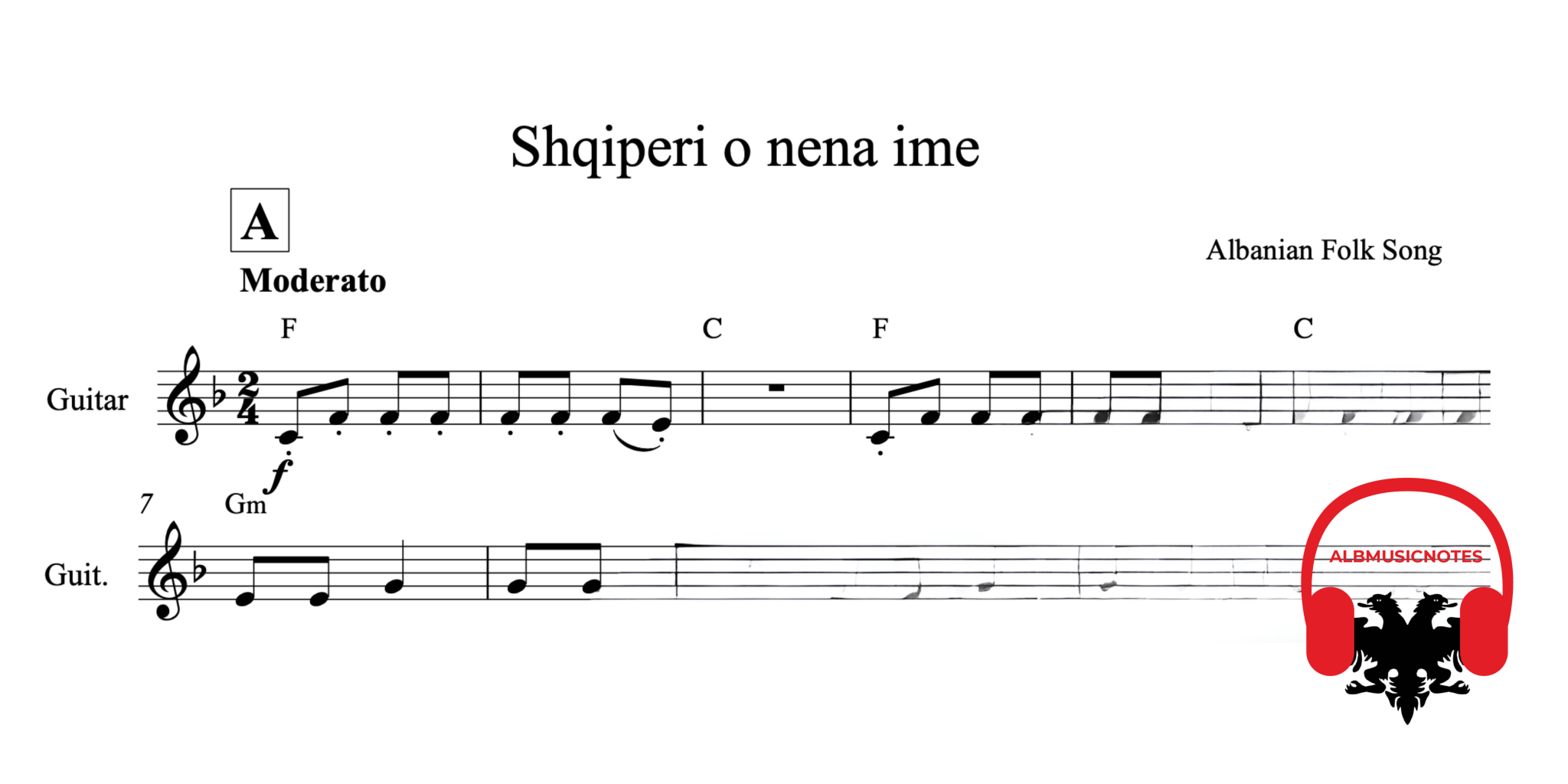 Shqiperi o nena ime, Guitar sheet + chords - Alb Music Notes