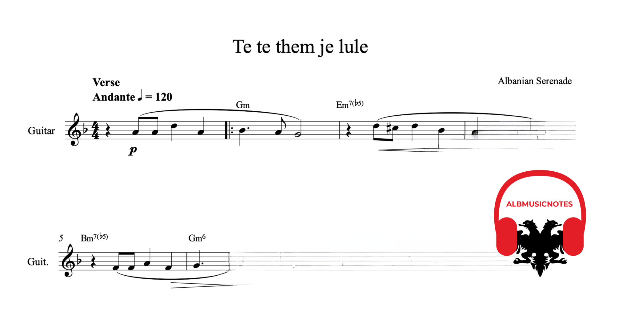 Te te them je lule, Guitar sheet + chords - Alb Music Notes