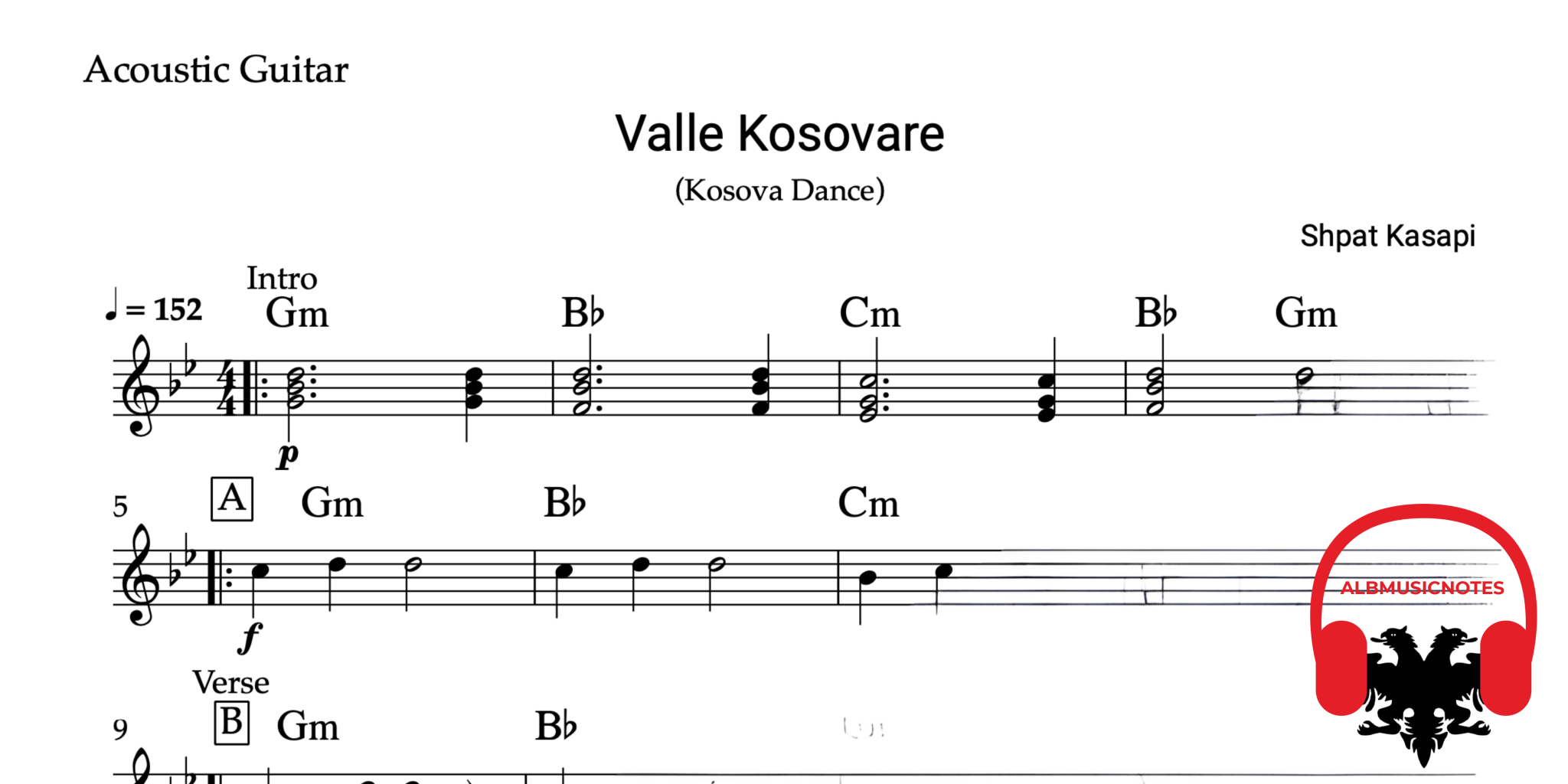 Valle Kosovare, Guitar sheet + chords - Alb Music Notes