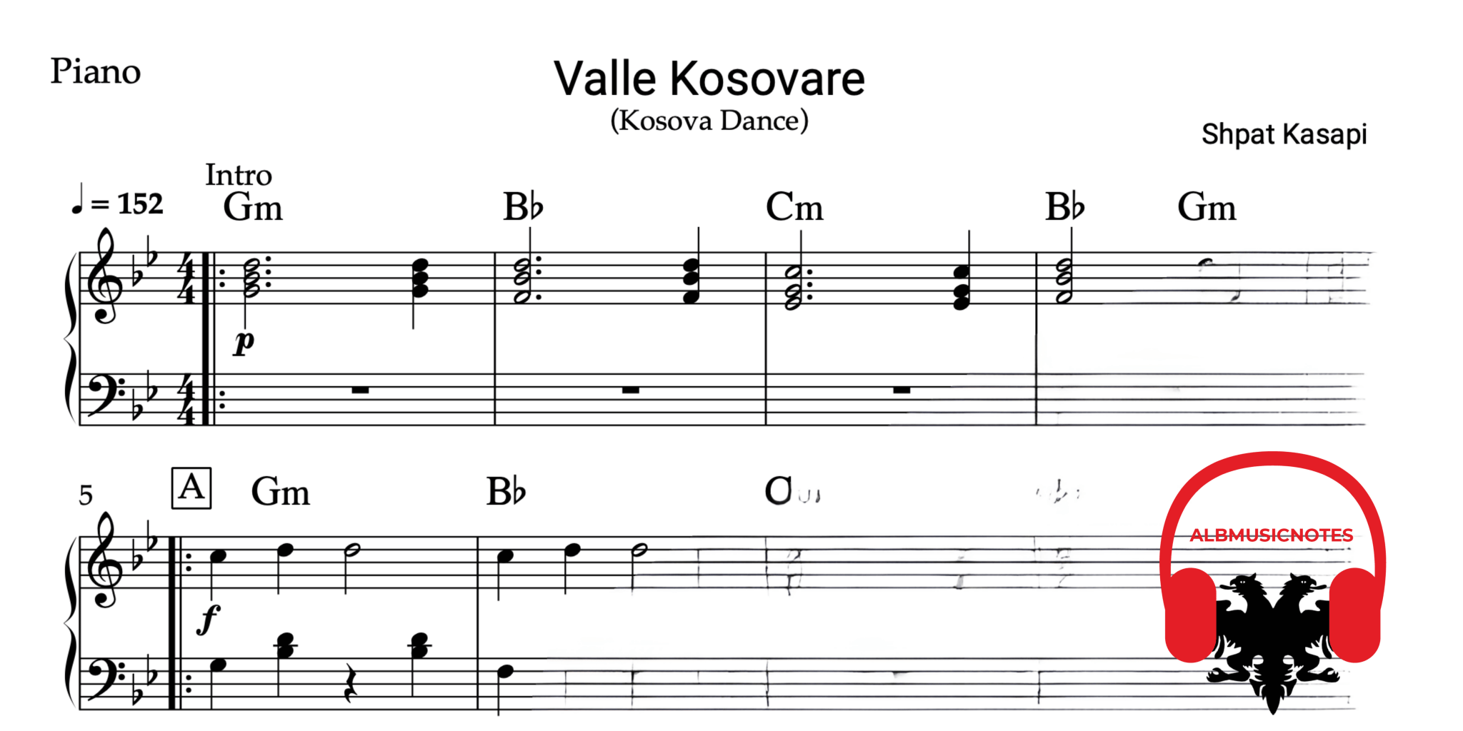 Valle Kosovare, Piano sheet + chords - Alb Music Notes