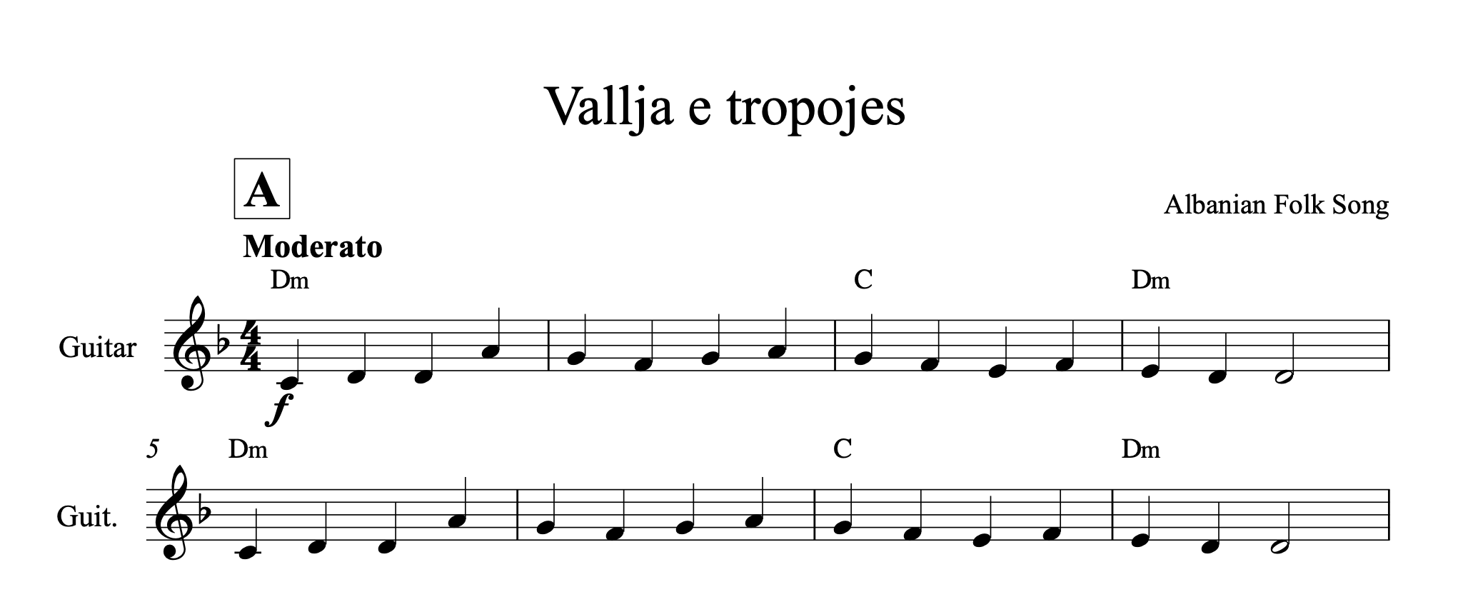 Vallja e tropojes, Guitar sheet + chords - Alb Music Notes