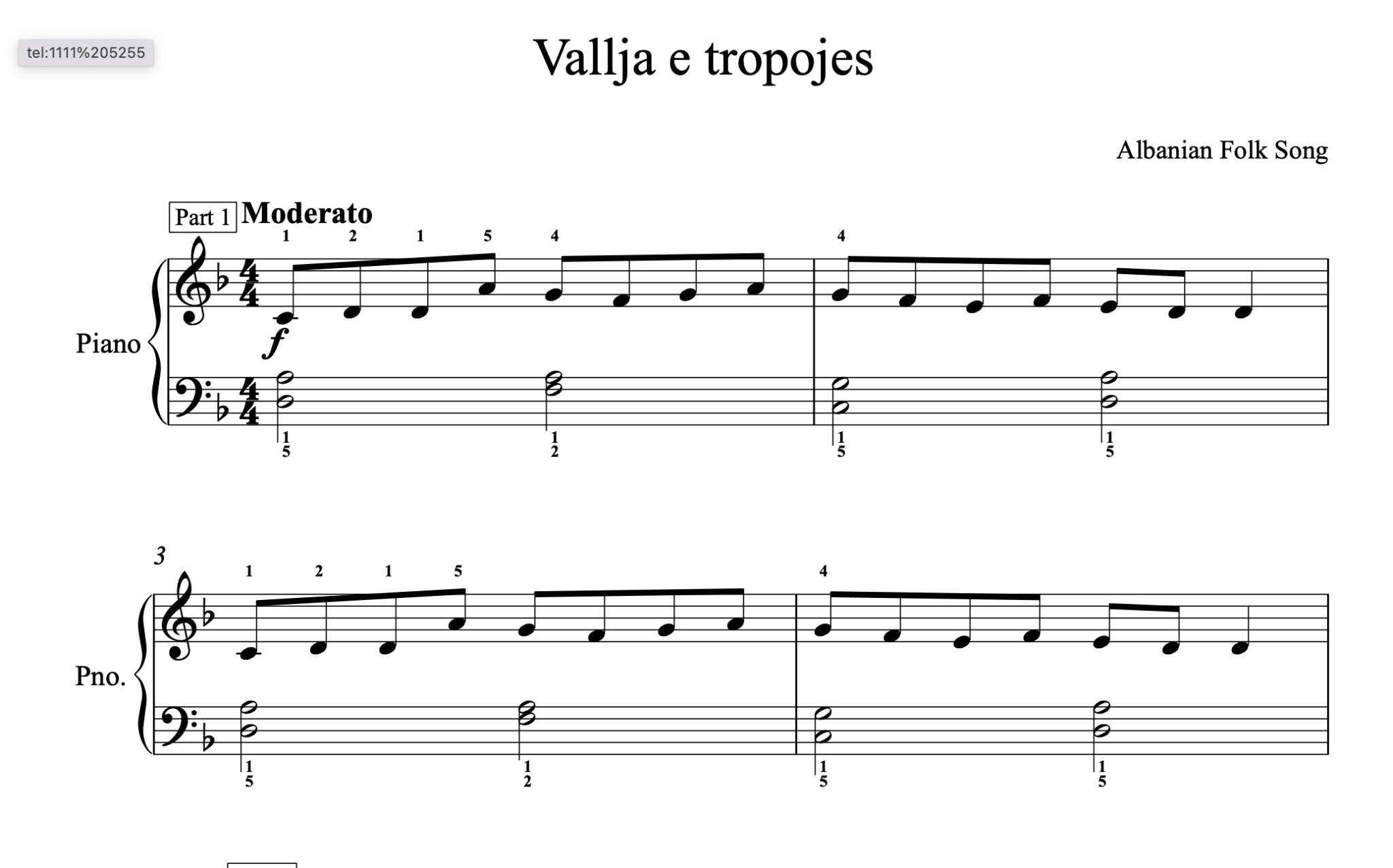 Vallja e tropojes, Piano sheet - Alb Music Notes