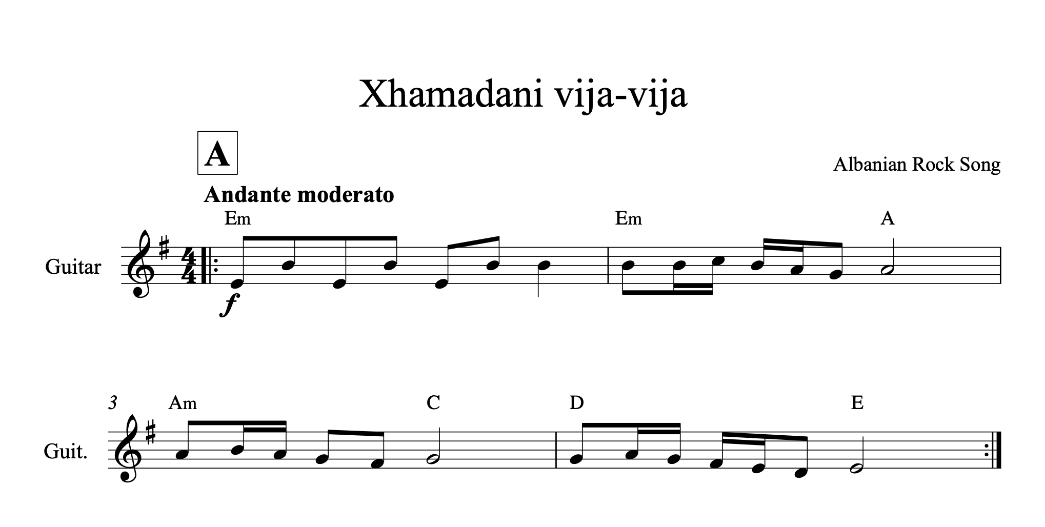 Xhamadani vija-vija, Guitar sheet + chords - Alb Music Notes