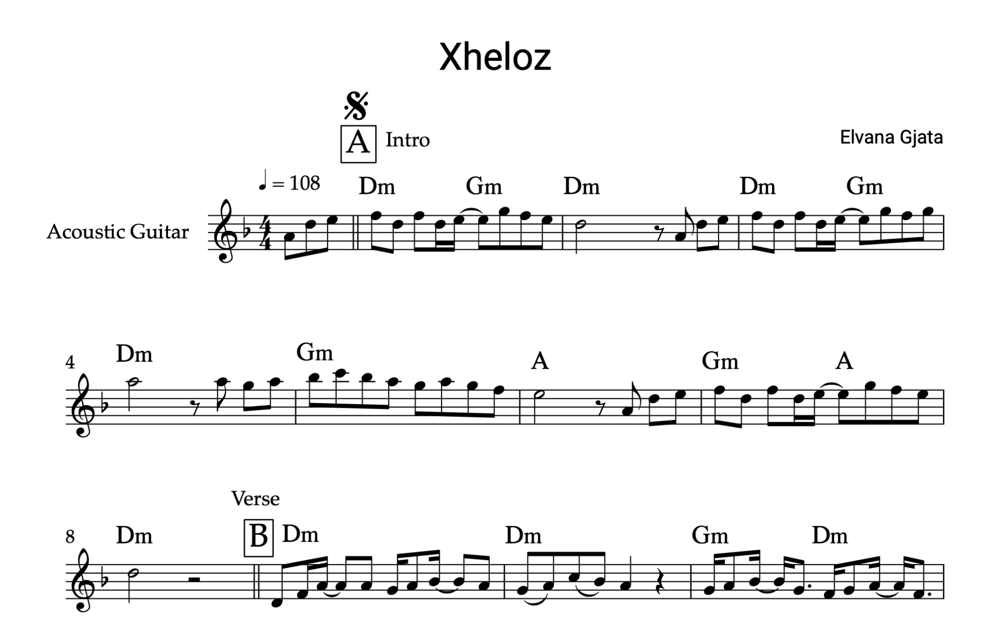 Xheloz, Guitar sheet + chords - Alb Music Notes